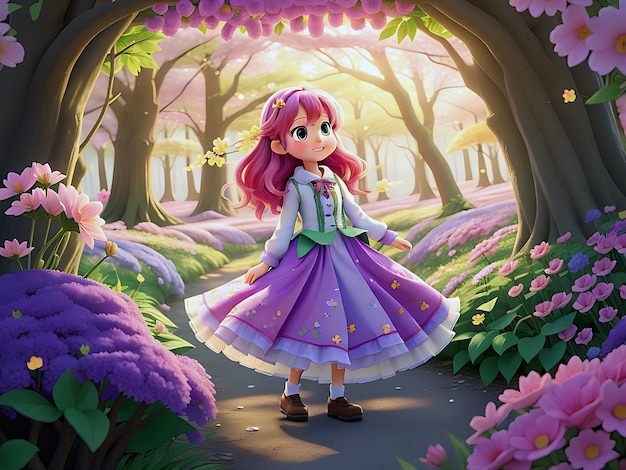 Cute anime girl blooming flowers