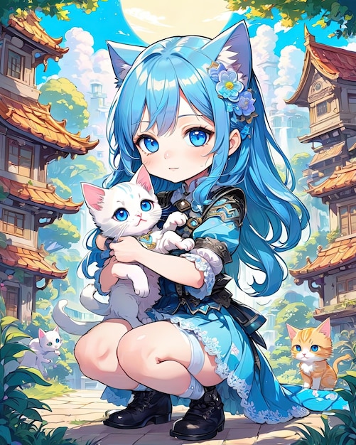 Cute anime girl blue eyes with cat