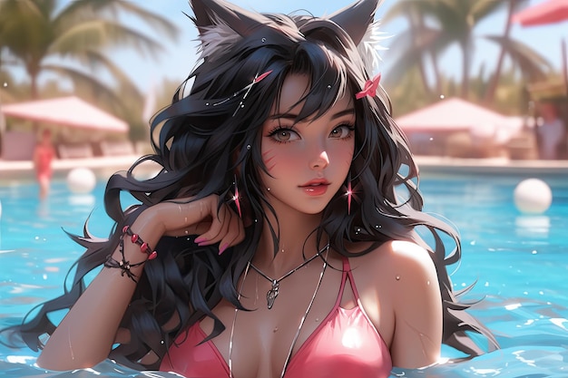 Photo cute anime girl character sexy body bikini summer vibe swimming pool