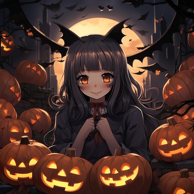 Photo cute anime girl character with halloween pumpkins