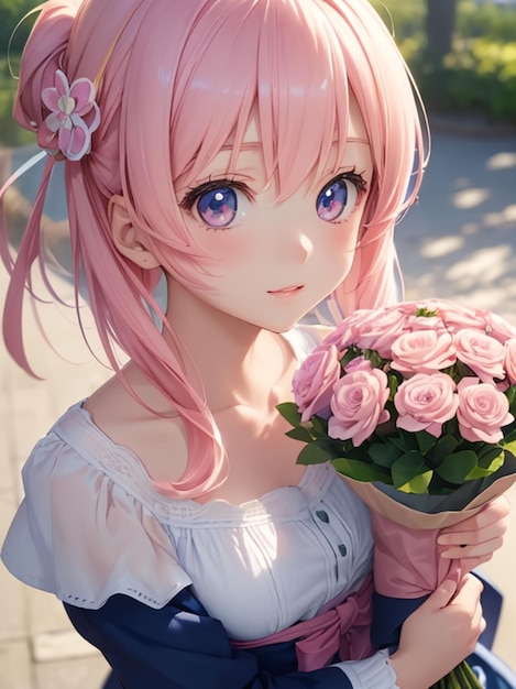 Premium AI Image | Cute anime girl holding a bouquet of flowers