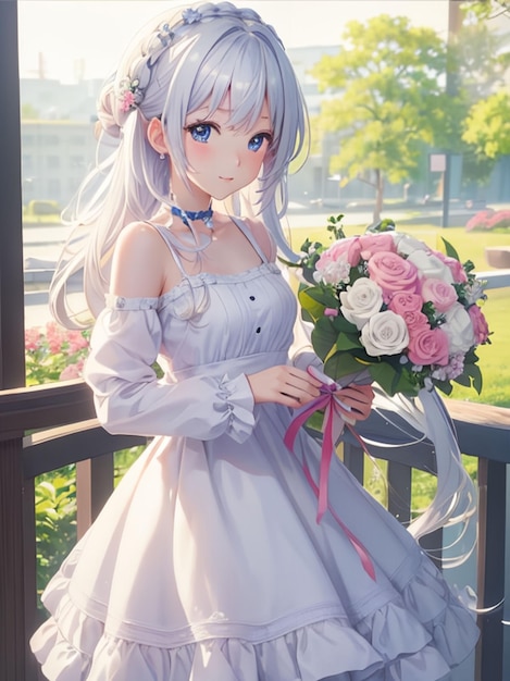 Cute anime girl holding a bouquet of flowers