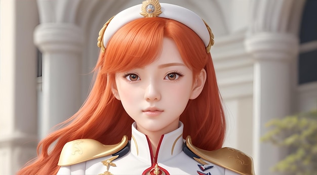 Cute Anime Girl Honor Guard White Uniform With Red Hair AI Generative Illustration Digital Art