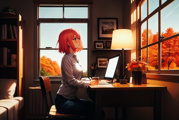 Photo a cute anime girl is sitting at a desk in a room and admiring the autumn landscape outside the window generative ai