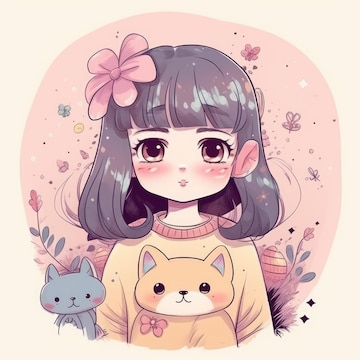 Cute anime girl with her cat kawaii Japanese style cool design | Sticker