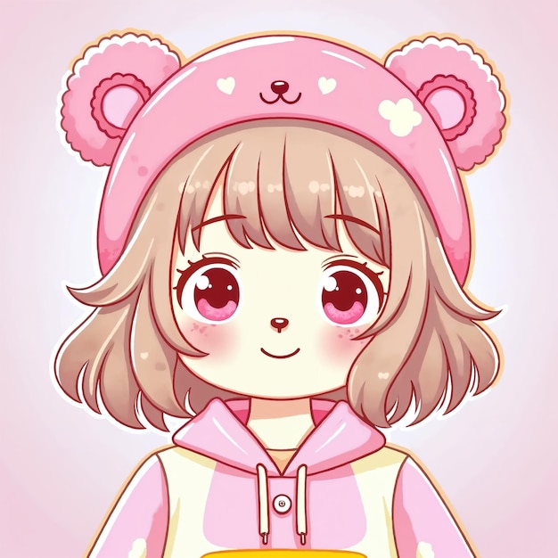 ピンクのクマの帽子とフードを着た可愛いアニメの女の子