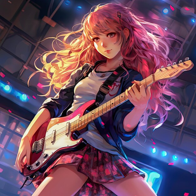 Cute Anime girl playing bass guitar