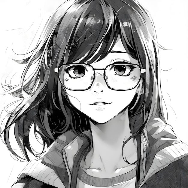 Cute anime girl portrait black and white colors sketch style