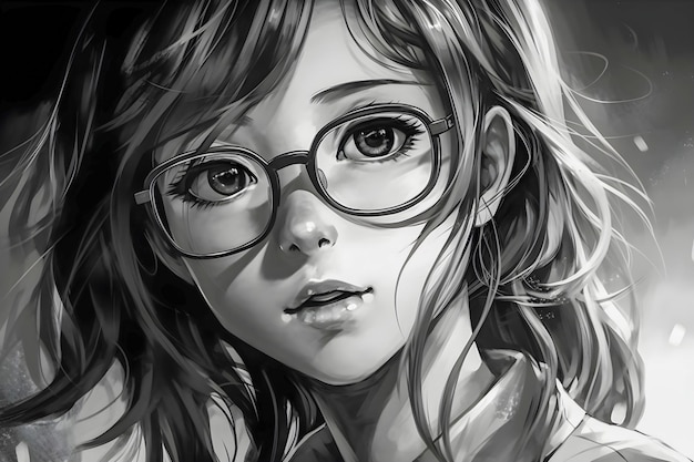 Cute anime girl portrait black and white colors sketch style