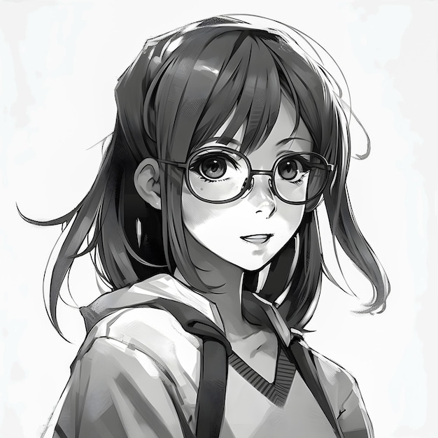 Cute anime girl portrait black and white colors sketch style