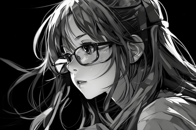 Cute anime girl portrait black and white colors sketch style