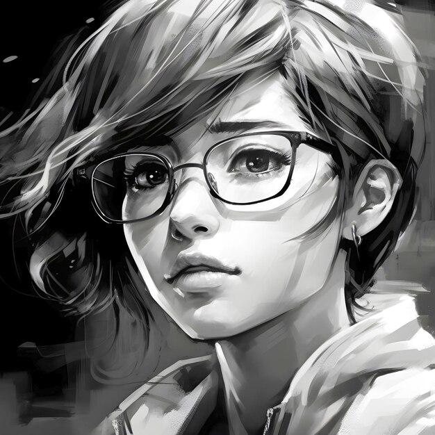 Cute anime girl portrait black and white colors sketch style