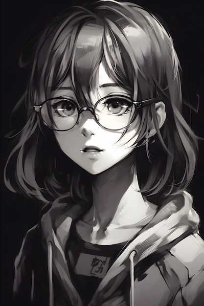 Cute anime girl portrait black and white colors sketch style