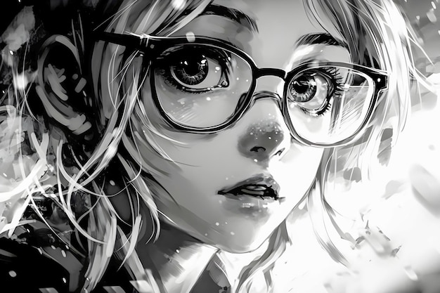 Cute anime girl portrait black and white colors sketch style