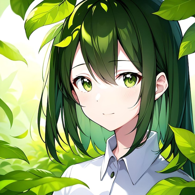 Симпатичный портрет аниме-девушки с зелеными глазами, смотрящей в камеру на фоне листьев