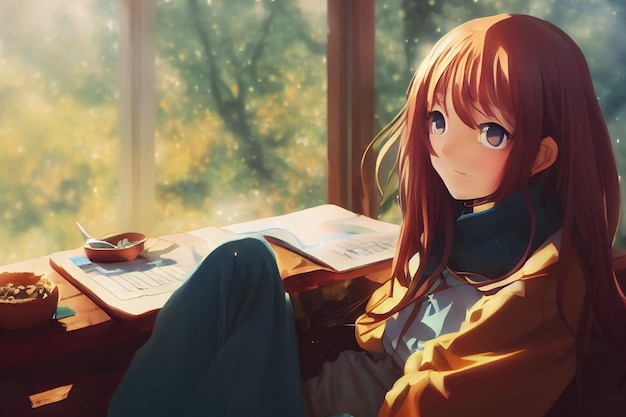 Cute anime girl relaxing and studying in a cozy room with an open window to the forest