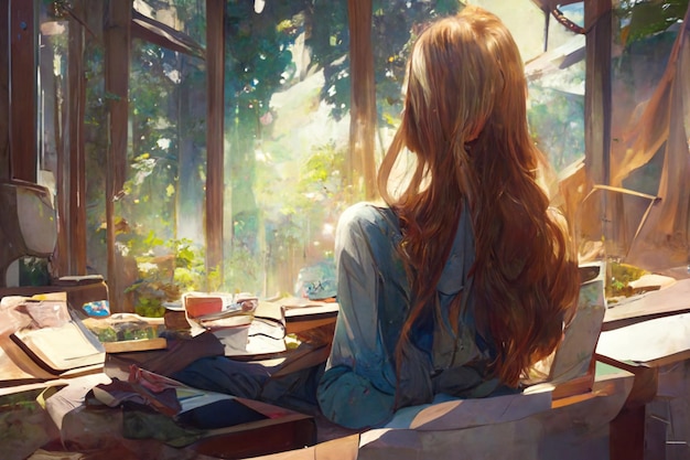 Cute anime girl relaxing and studying in a cozy room with an open window to the forest