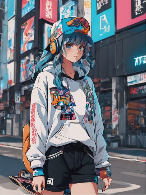 cute anime girl skateboarding at street