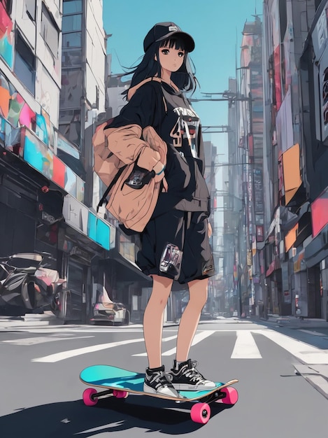 cute anime girl skateboarding at street