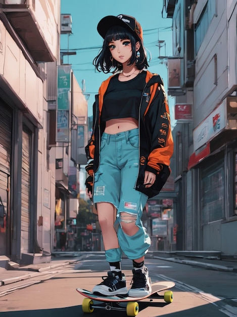 cute anime girl skateboarding at street