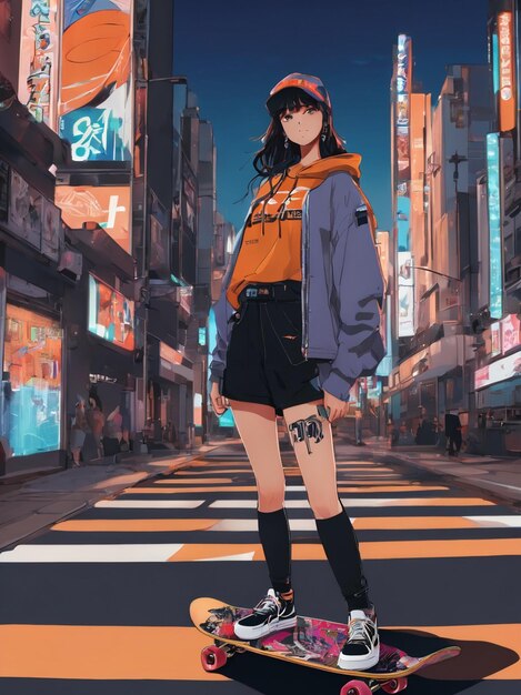 cute anime girl skateboarding at street