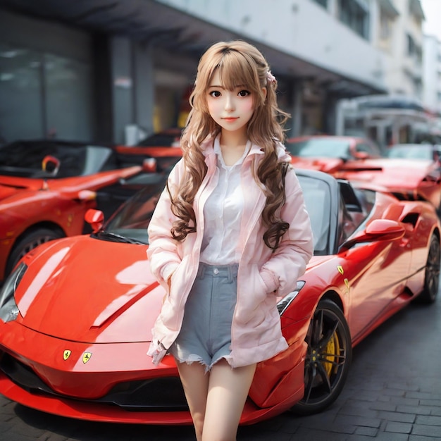 Photo cute anime girl stand by a ferrari 2seat open car and take photo