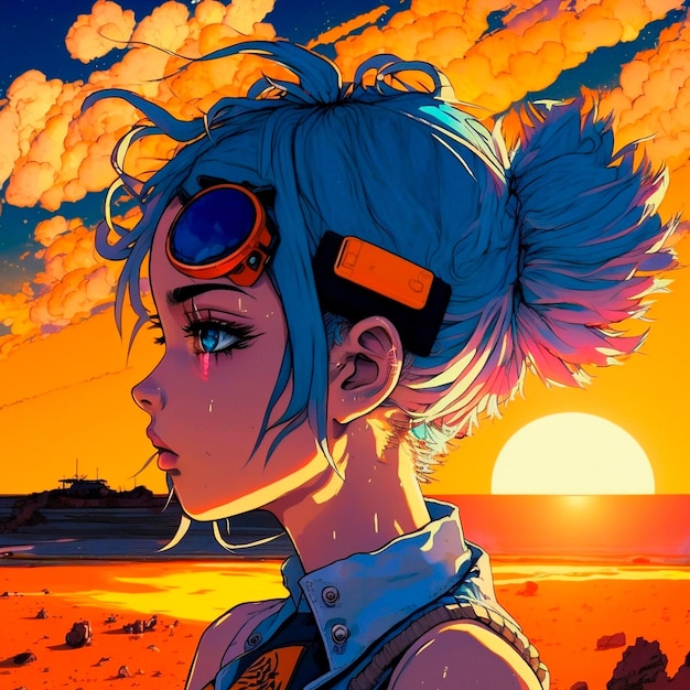 Photo cute anime girl watching the sunset