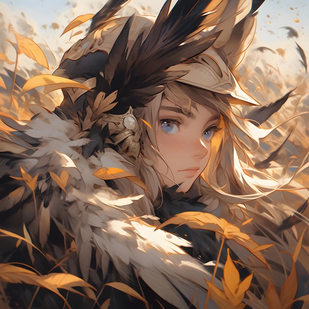 Cute anime girl with a bird in her arms against the blue sky and field