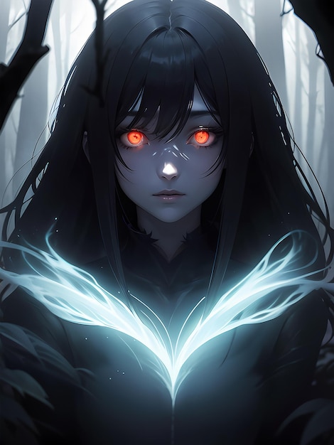 Premium AI Image  A black anime girl with glowing eyes and a black  background.