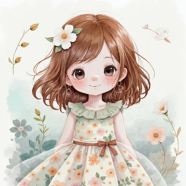 cute anime girl with flowers and floral dress