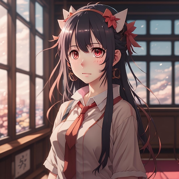 A cute anime girl with long hair and a skirt with a bow on her head generated by ai