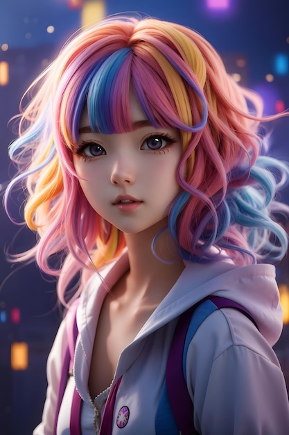 Premium AI Image | Cute Anime Girl with Rainbow Hair Rainbow Colorful ...