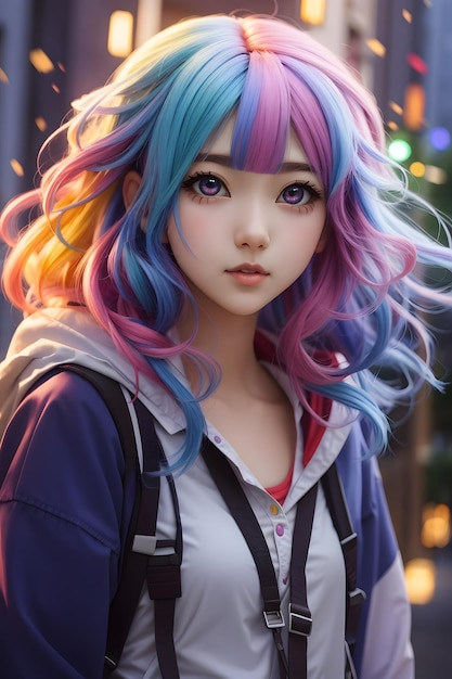 Cute Anime Girl with Rainbow Hair Rainbow Colorful Anime Beautiful Anime Girl Cute Anime Girl Anime Girl AI Generative