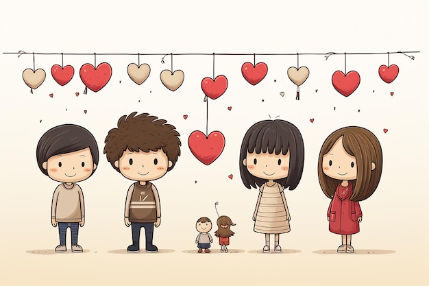 cute anime group of friend on heart background illustration