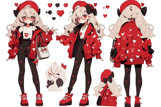 Cute Anime Kawaii Chibi Girl Character Turnaround Concept Sheet of Stylish Trendy Fashion Outfits