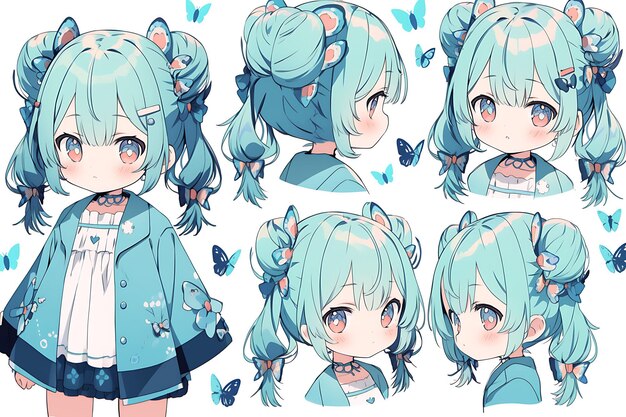 Cute Anime Kawaii Chibi Girl Character Turnaround Concept Sheet of Stylish Trendy Fashion Outfits