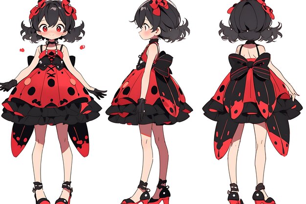 Cute Anime Kawaii Chibi Girl Character Turnaround Concept Sheet of Stylish Trendy Fashion Outfits