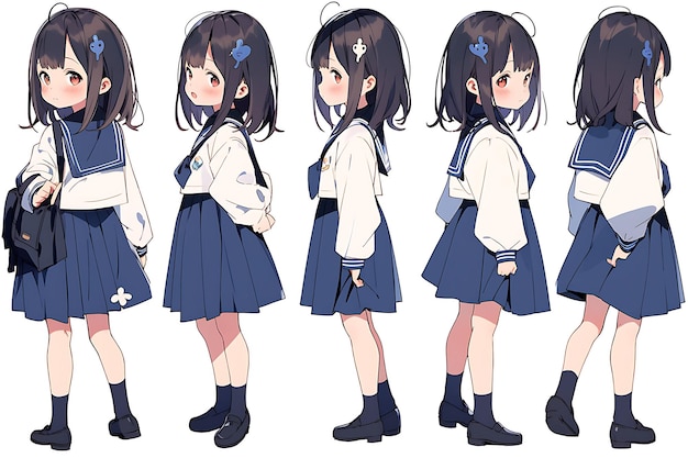 Cute Anime Kawaii Chibi Girl Character Turnaround Concept Sheet of Stylish Trendy Fashion Outfits