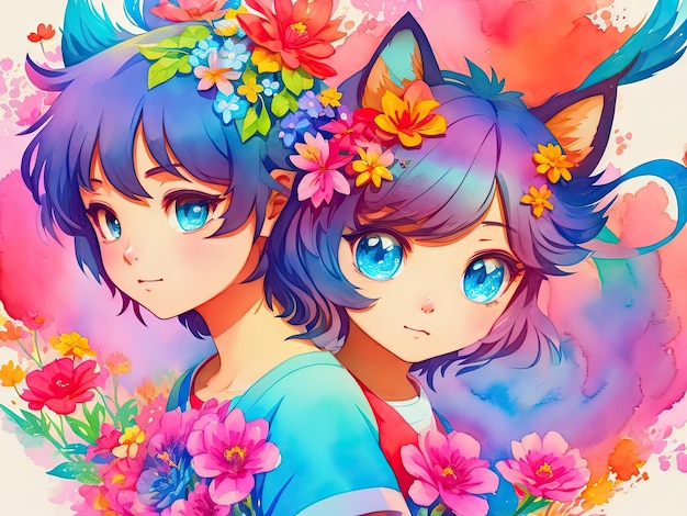 Cute anime kitten character on flower background ai generative