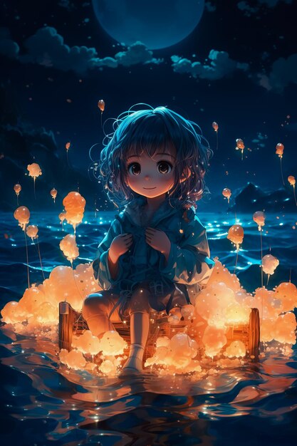 Cute anime little girl wearing raincoat sitting on the moon boat holding glowing