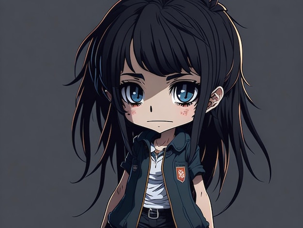 Cute anime manga girl with big eyes and black hair on dark background