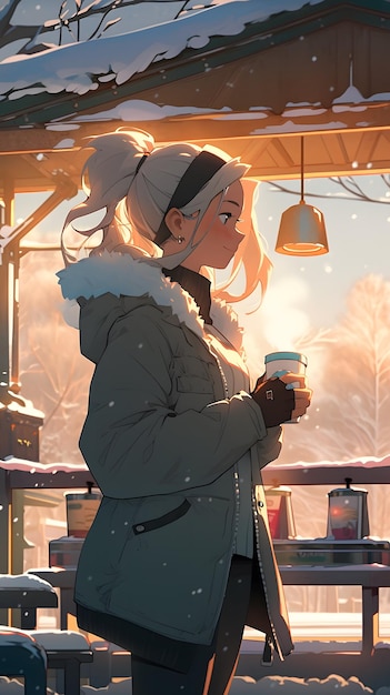 Cute Anime manga style LOFI Girl cozy winter background illustration design