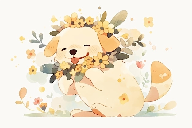 Photo cute anime puppy with flower vector illustration on isolated background