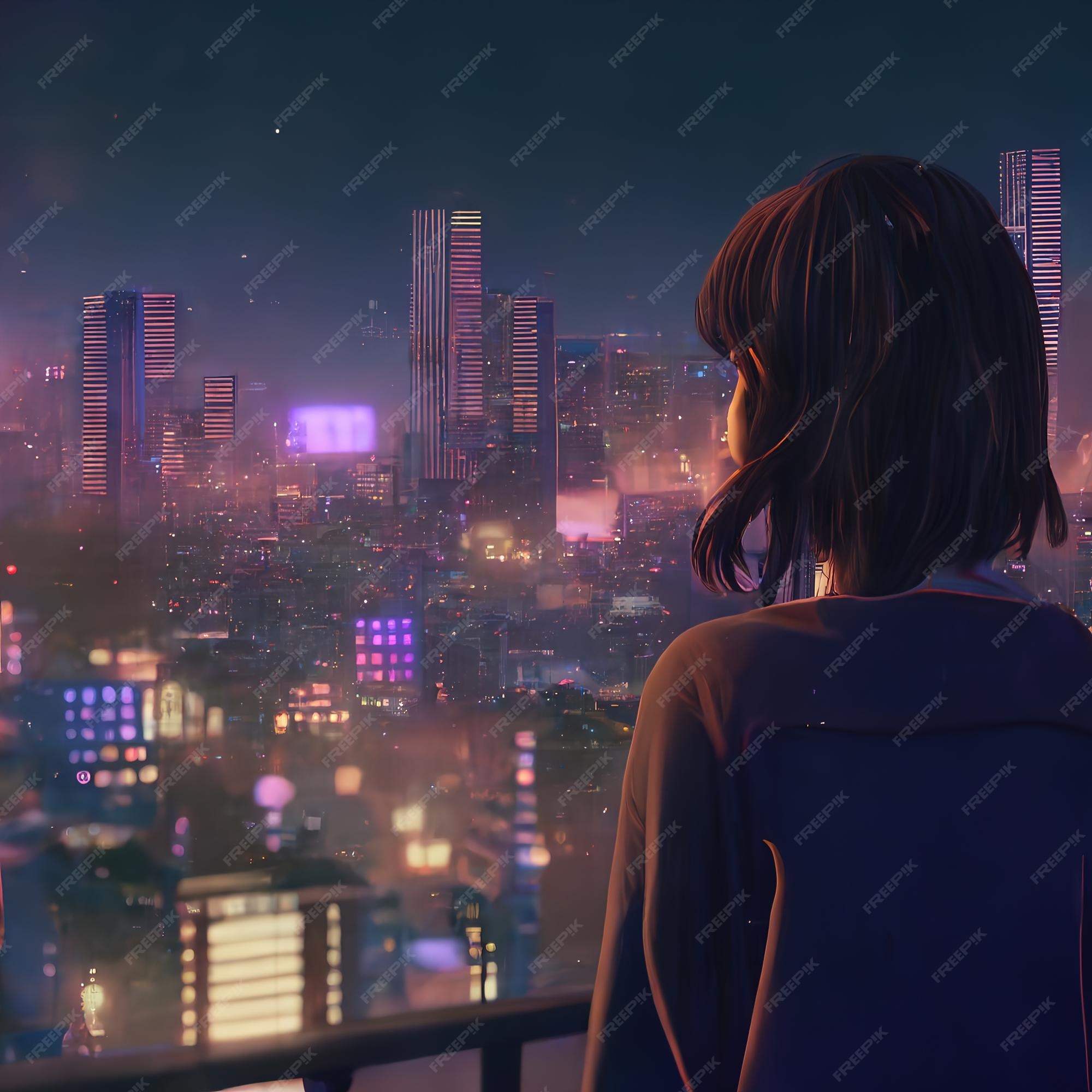 Premium Photo  Cute anime woman looking at the cityscape by night