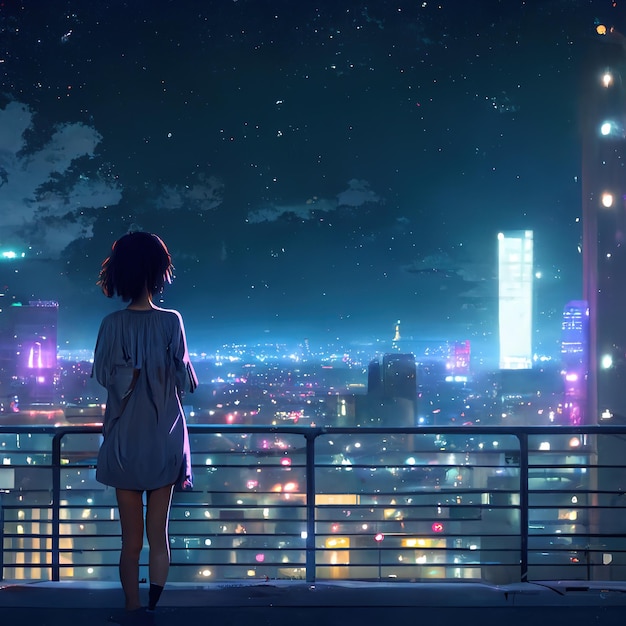 Cute Anime woman looking at the cityscape by night time A sad moody Manga lofi style 3d rendering