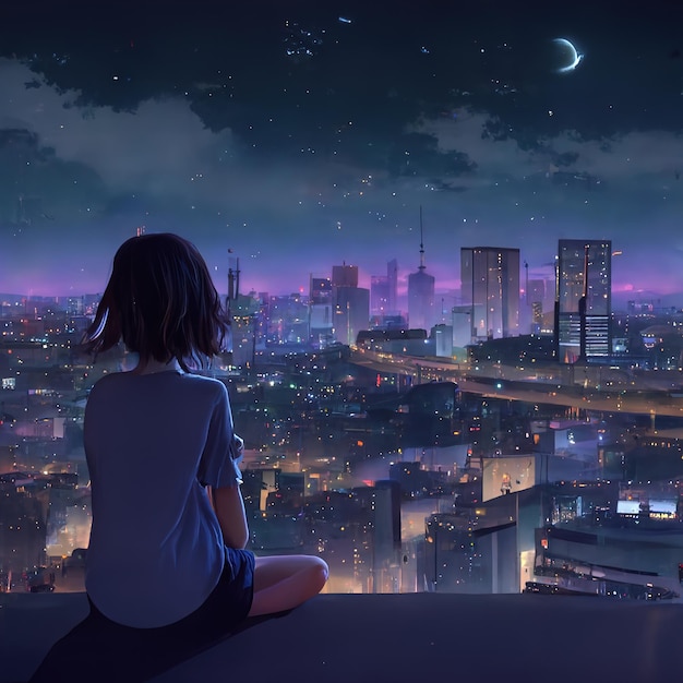 Cute Anime woman looking at the cityscape by night time A sad moody Manga lofi style 3d rendering