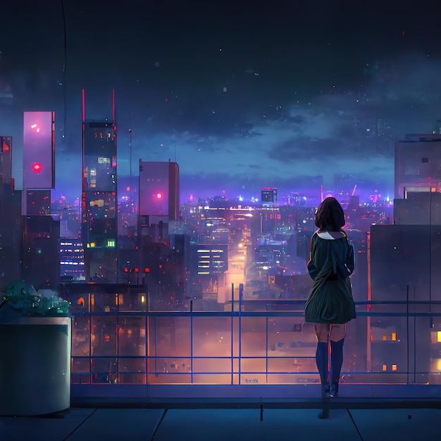 Cute Anime woman looking at the cityscape by night time A sad moody Manga lofi style 3d rendering