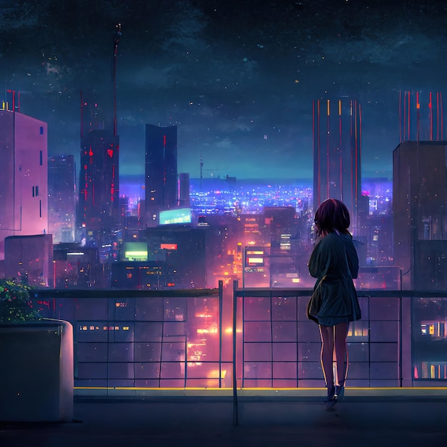 Cute Anime woman looking at the cityscape by night time A sad moody Manga lofi style 3d rendering