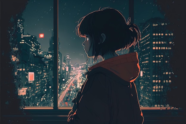 Cute anime woman looking at the cityscape by night time a sad moody manga lofi style