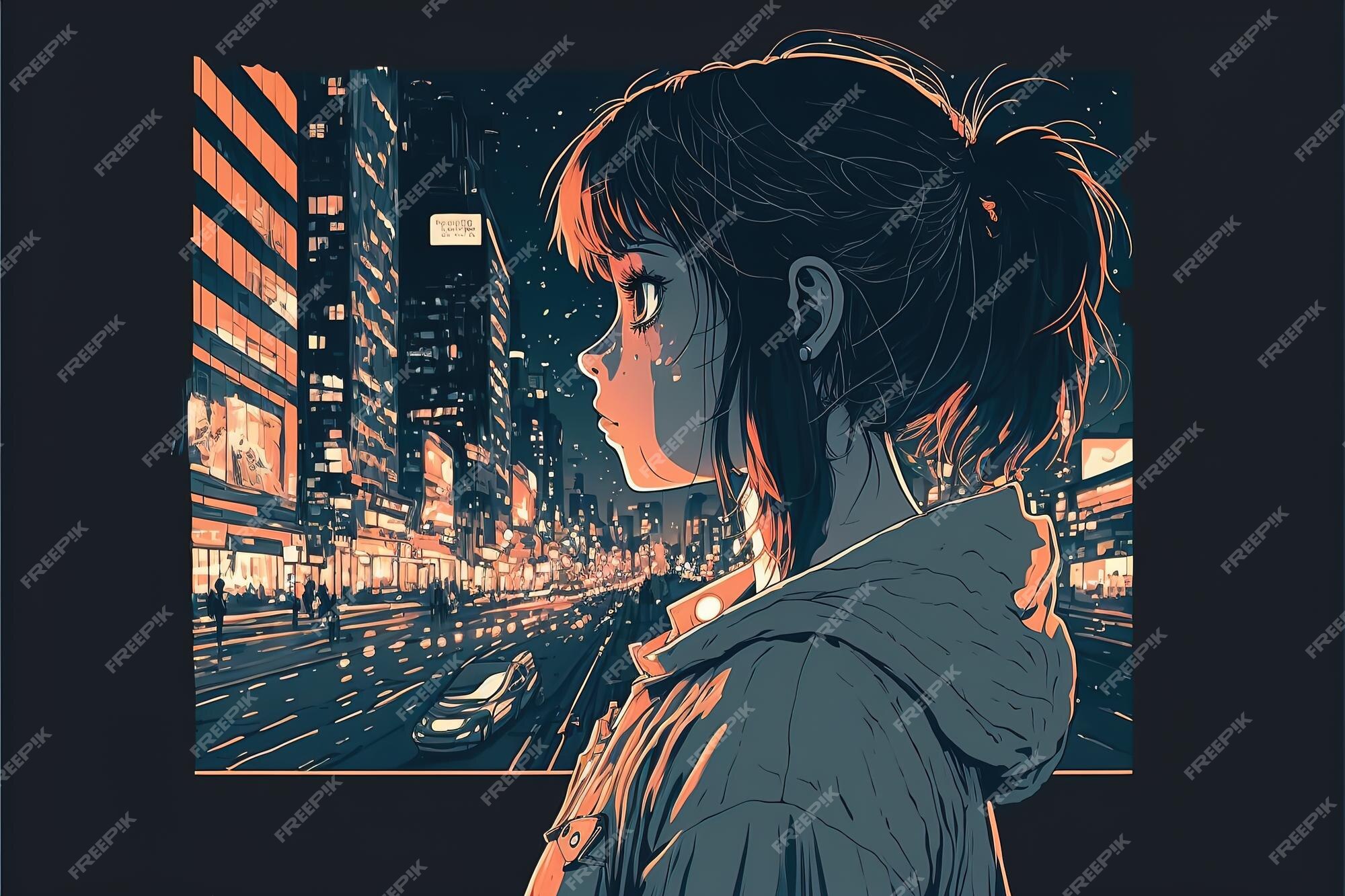 Premium Photo  Cute anime woman looking at the cityscape by night